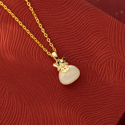 New Chinese Style S925 Sterling Silver Lucky Bag Copper Coin Pendant Oriental Vintage Gold Plated Jade-Look Rhinestone Inlaid Pendant Only