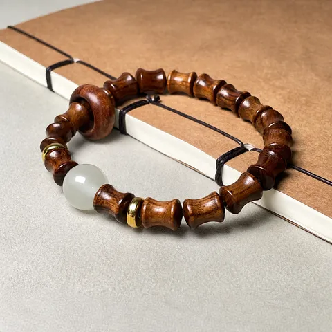Sandalwood Beaded Bracelet Bamboo Joint Zen Style Ethnic Hand String With Luminous Beads And Metal Spacers For Unisex