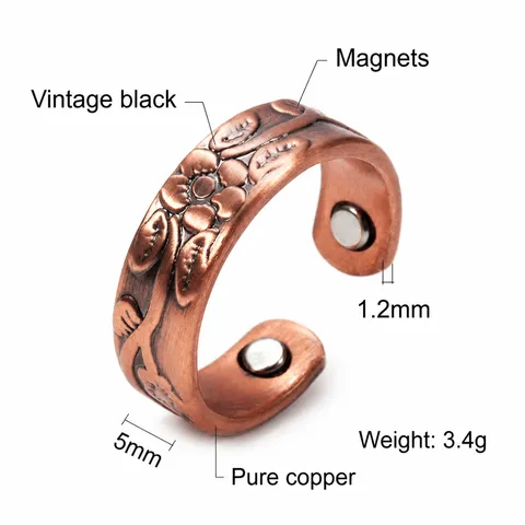 Adjustable Floral Copper Magnetic Ring Vintage Open Copper Ring For Women Fashion Jewelry Finger Ring Gift