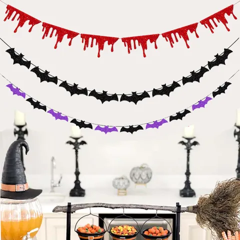 Halloween Party Decoration Glitter Bat Blood Drip Banner Horror Purple Black Red Paper Garland For Festive Indoor Outdoor Event Decor