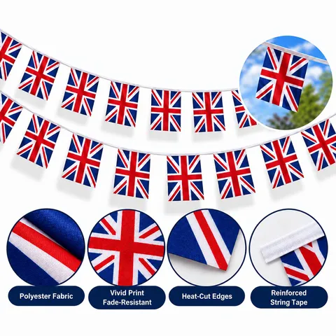 Guirlande Drapeau Union Jack Britannique Angleterre Croix Saint Georges Couronnement Charles III Carré Triangle Polyester Décoration
