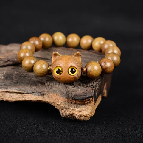Natürliches Grünes Sandelholz Handgefertigtes Geschnitztes Katzenperlenarmband Vintage Ethnische Holzperlen Handkette Schmuck Für Damen Herren Geschenk