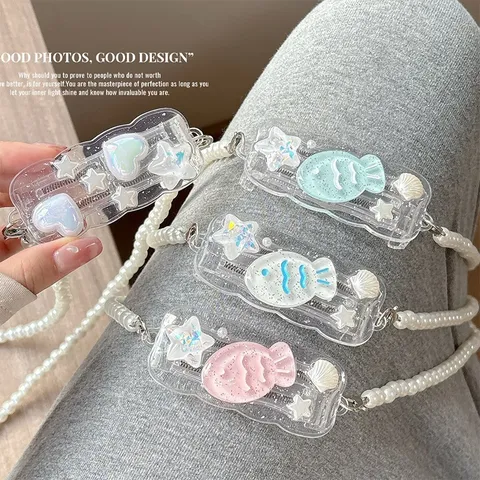 Clip Trasero Universal para Teléfono 3D Taiyaki Corazón Estrella Estilo Japonés Cordón Cruzado con Cadena de Perlas Artificiales