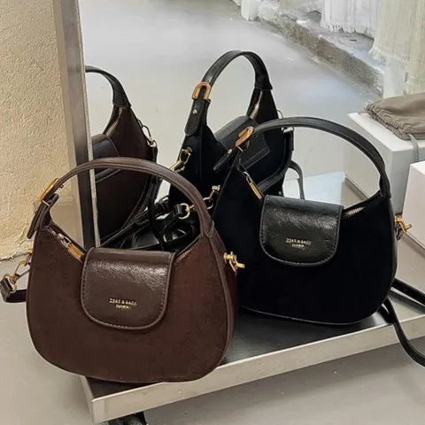Dames Retro Luxe Maan Tas Patchwork PU Leer Schoudertas Crossbody Tas Met Houten Kraal Hanger Eenvoudige Handtas