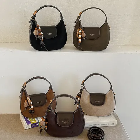 Dames Retro Luxe Maan Tas Patchwork PU Leer Schoudertas Crossbody Tas Met Houten Kraal Hanger Eenvoudige Handtas