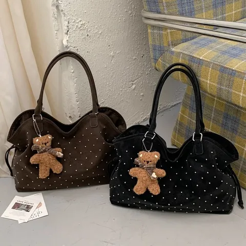 Vintage Polka Dot Tote Bag Voor Vrouwen PU Leer Grote Capaciteit Schoudertas Met Pluche Beer Hanger Stijlvolle Handtas