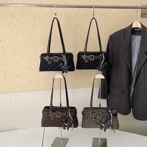 Vintage Stippen Onderarm Tas Voor Vrouwen PU Suède Baguette Schoudertas Retro Minimalistisch Casual Woon-Werkverkeer Handtas Met Hanger