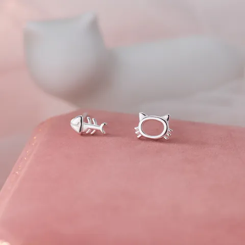 999 Sterling Silver Cat Fishbone Asymmetrical Stud Earrings Cute Animal Design Polished Silver Jewelry For Women Girls Gift