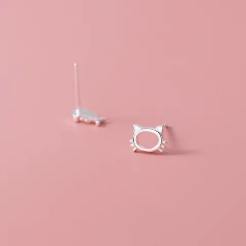 999 Sterling Silver Cat Fishbone Asymmetrical Stud Earrings Cute Animal Design Polished Silver Jewelry For Women Girls Gift