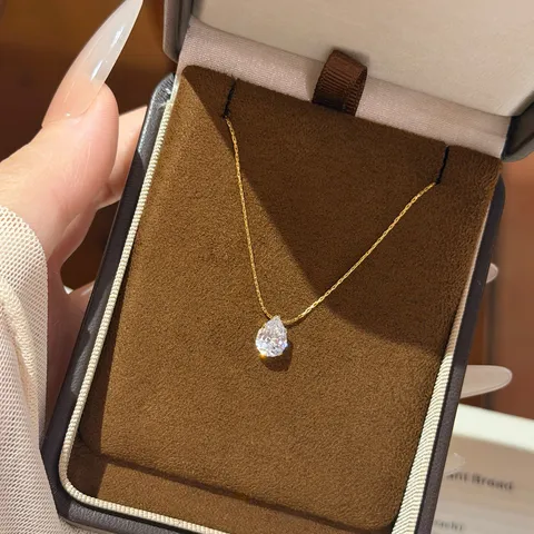 Minimalist Stainless Steel Pendant Necklace For Women Gold Plated Geometric Rhinestone Water Drop Square Round Charm Jewelry