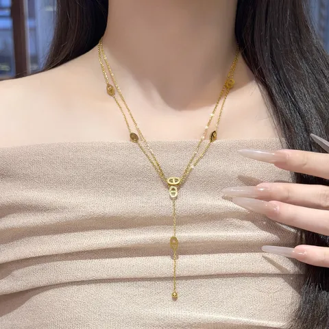 Titanium Steel Layered Pig Nose Link Tassel Necklace For Women Gold Plated Minimalist Elegant Y-Shaped Snake Chain Jewelry Gift