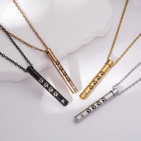 Collier Pendentif Cylindre Commémoratif pour Animaux de Compagnie en Acier Inoxydable Empreinte de Patte Bijoux de Crémation Souvenir