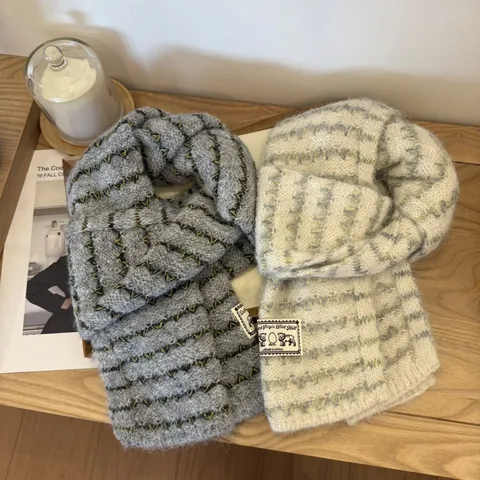Retro Gestreifter Verdickter Strickschal Für Damen Herbst Winter Wollmischung Warmer Hals Schal Vintage Muster Kontrastfarbe Nackenwärmer