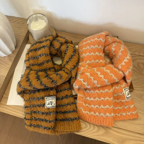 Retro Gestreifter Verdickter Strickschal Für Damen Herbst Winter Wollmischung Warmer Hals Schal Vintage Muster Kontrastfarbe Nackenwärmer