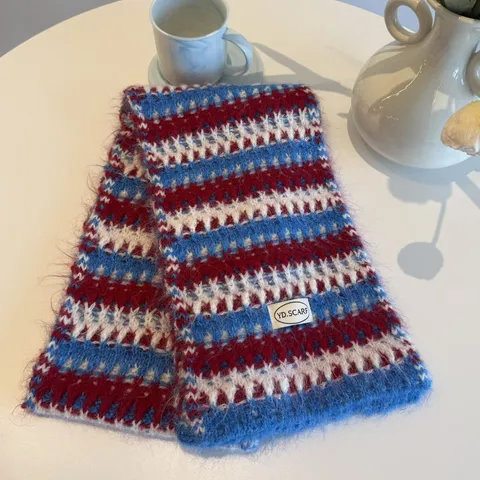 Vintage Fair-Isle-Muster Strickschal Für Damen Dick Weich Warm Winter Wollmischung Lang Gestreift Jacquard Nackenwärmer Zubehör
