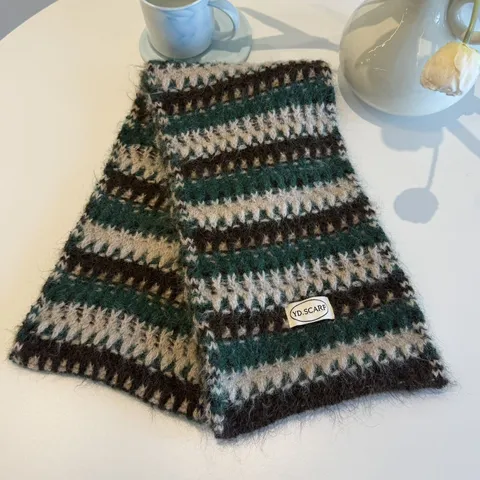 Vintage Fair-Isle-Muster Strickschal Für Damen Dick Weich Warm Winter Wollmischung Lang Gestreift Jacquard Nackenwärmer Zubehör
