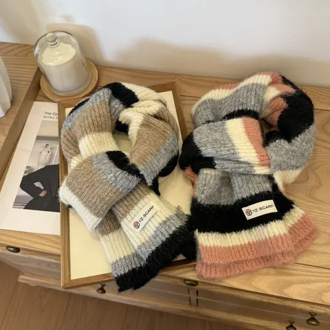 Winter Gestrickt Wollmischung Gestreifter Schal Für Damen Herren Dopamin Farbe Regenbogen Warm Weich Gebürstet Langer Schal Mode Accessoire