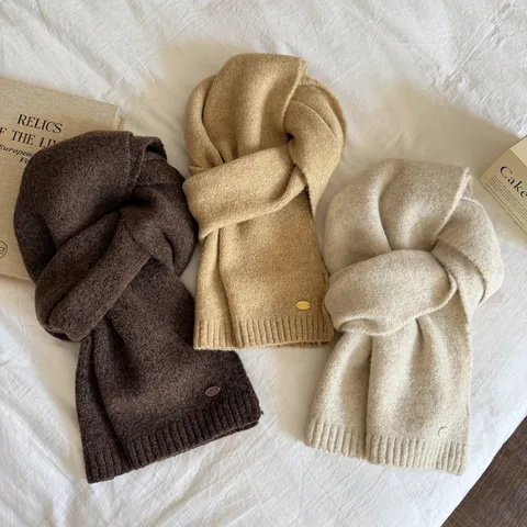 Damen Schal Koreanischer Stil Einfarbig Warm Wollmischung Gestrickt Dick Winter Herbst Schultertuch Mit Metallanhänger Mode Accessoires