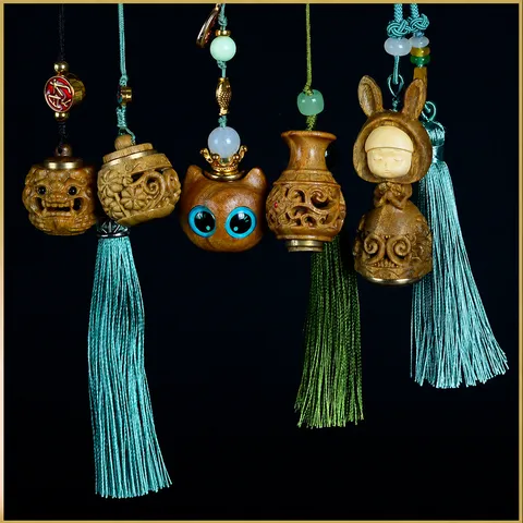 Hollowed Sandalwood Sachet Pendant Hand Carved Luminous Stone Lotus Gourd Diffuser Hanging Ornament Zen Style