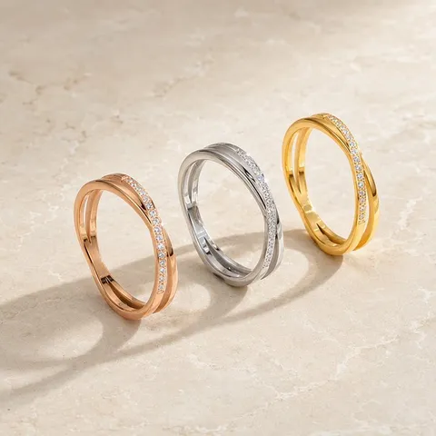 Stainless Steel Double Layer Cross Ring For Women Elegant Sparkling Zirconia X Shape Polished Band Ring Finger Jewelry