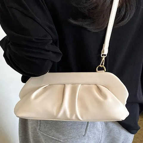 Mode Femmes Cuir PU Sac Nuage Lustre Métallique Plissé Sac à Bandoulière Simple Forme de Coquille Sacoche Bandoulière Sac Messager de Banlieue