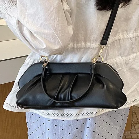 Mode Femmes Cuir PU Sac Nuage Lustre Métallique Plissé Sac à Bandoulière Simple Forme de Coquille Sacoche Bandoulière Sac Messager de Banlieue