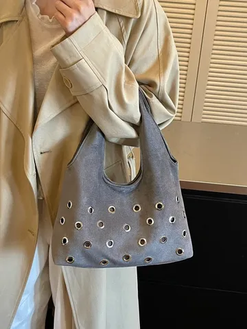 Mode Hochwertige Nieten Ösen Achseltasche Für Damen Einfache Sichelform Schultertragetasche Lässige Trendige PU Leder Hobo Tasche