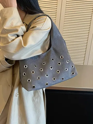 Mode Hochwertige Nieten Ösen Achseltasche Für Damen Einfache Sichelform Schultertragetasche Lässige Trendige PU Leder Hobo Tasche