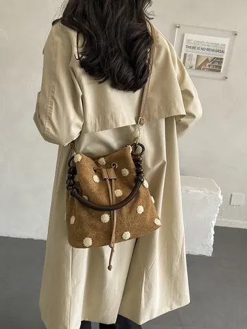 Women Retro Felt Bucket Bag With Wooden Bead Handle Polka Dot Paisley Embroidery Large Capacity Drawstring Shoulder Crossbody Bag