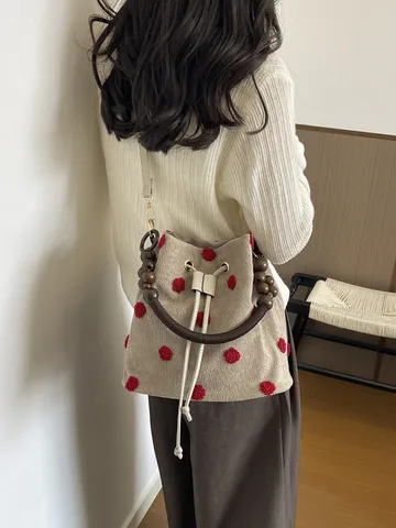 Women Retro Felt Bucket Bag With Wooden Bead Handle Polka Dot Paisley Embroidery Large Capacity Drawstring Shoulder Crossbody Bag
