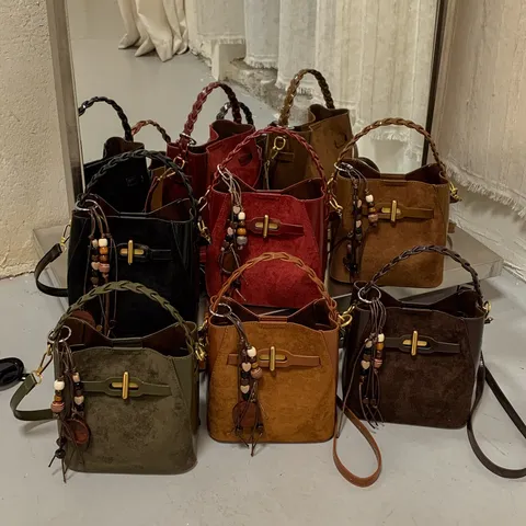 Minimalist Faux Suede Bucket Bag For Women Fashion Versatile Crossbody Handbag With Pendant Retro Chic Daily Commute Bag