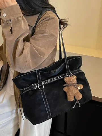 Sac Fourre-tout Femme en Cuir PU Mode Boucle de Ceinture Minimaliste Coutures Contrastées Grande Capacité Sac à Épaule avec Charme d'Ours en Peluche