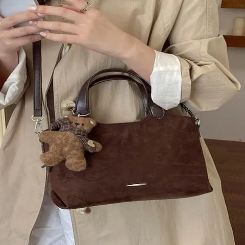 Women's Retro Suede Tote Bag Large Capacity Crossbody Shoulder Bag With Bear Pendant Minimalist Fashion Handbag For Daily Commute