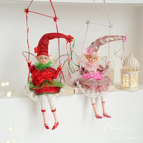 Christmas Elf Fairy Music Box Hanging Ornament Sequin Lace Fabric Doll On Swing For Festive Party Decoration Home Decor