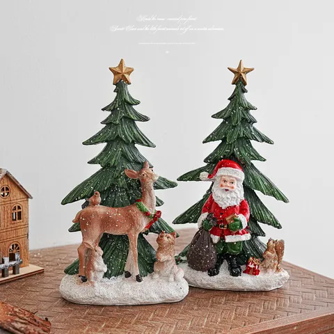 Adornos de Navidad de Resina Figura de Papá Noel Reno Miniatura Árbol de Navidad Caballo Balancín Cascanueces Decoración de Escritorio Tema Bosque de Invierno Regalo
