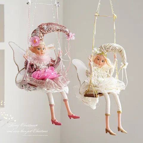 Christmas Elf Fairy Music Box Hanging Ornament Sequin Lace Fabric Doll On Swing For Festive Party Decoration Home Decor