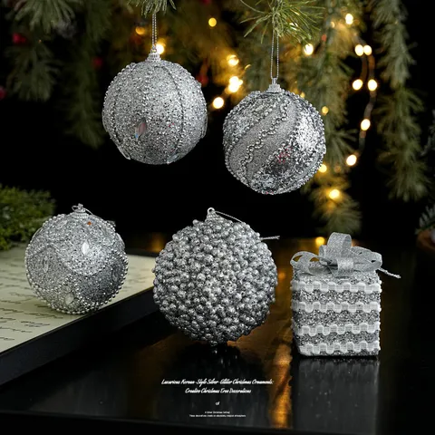 Silver Glitter Christmas Ball Ornaments Foam Artificial Pearl Rhinestone Xmas Tree Hanging Decorations For Home Holiday Party Decor