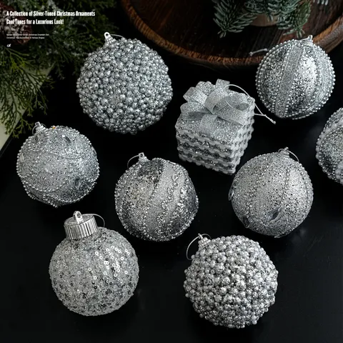 Silver Glitter Christmas Ball Ornaments Foam Artificial Pearl Rhinestone Xmas Tree Hanging Decorations For Home Holiday Party Decor
