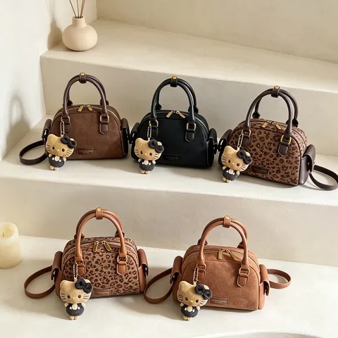 Vintage Women Suede Boston Shell Bag With Leopard Print Fashion Stitching Handbag Versatile Crossbody Small Shoulder Bag Daily Purse