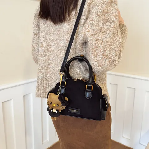 Vintage Women Suede Boston Shell Bag With Leopard Print Fashion Stitching Handbag Versatile Crossbody Small Shoulder Bag Daily Purse