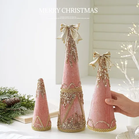 Pink Velvet Christmas Tree Star Heart Hanging Ornaments With Gold Sequins Bowknot Tassels For Christmas Tree Decoration Festive Holiday Party Decor