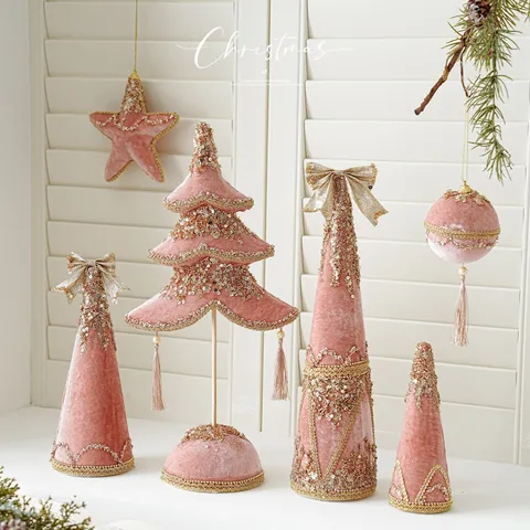 Pink Velvet Christmas Tree Star Heart Hanging Ornaments With Gold Sequins Bowknot Tassels For Christmas Tree Decoration Festive Holiday Party Decor