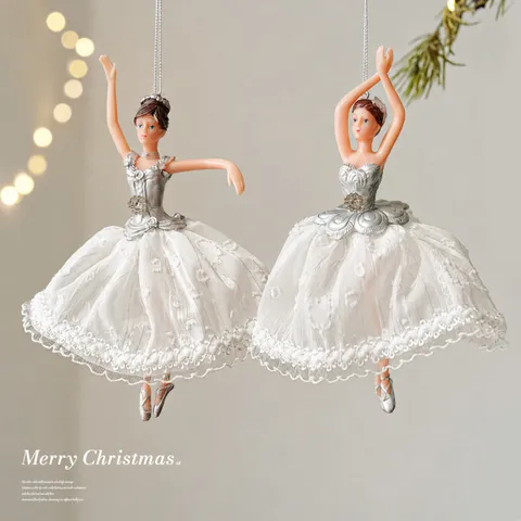 Elegant Christmas Ballet Girl Angel Hanging Ornament White Feather Wings Plastic Dancing Girl Pendant Xmas Tree Decor
