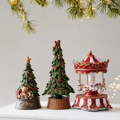 Caja de Música de Navidad de Resina Adorno Papá Noel Árbol de Navidad Carrusel Decoración Musical Regalo Festivo para el Hogar