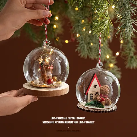 Weihnachts Glaskugel Ornament LED Leuchtanhänger Mit Miniatur Hund Bär Haus Für Weihnachtsbaum Festival Deko