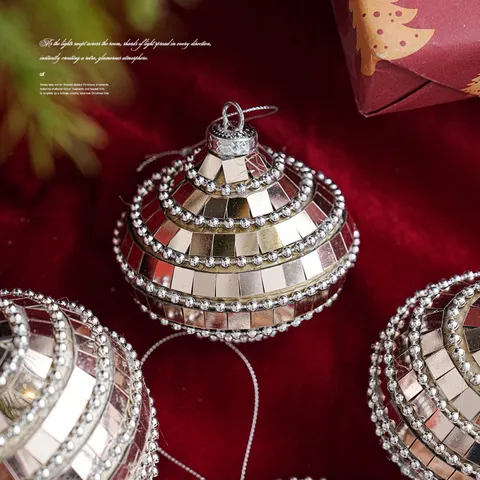 Champagne Gold Mirror Mosaic Christmas Hanging Ornaments Plastic Foam Disco Ball Pendant With Bead Chain For Holiday Tree Home Decoration