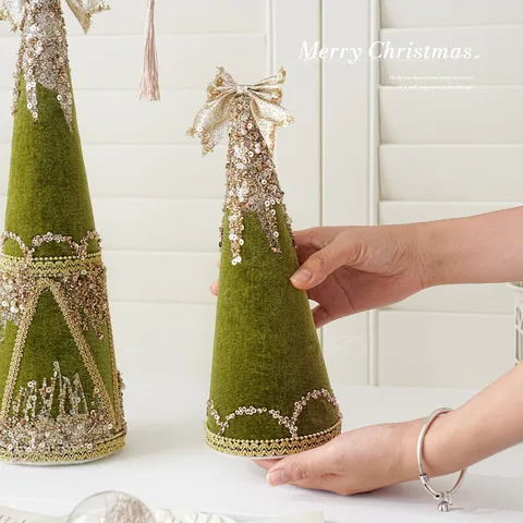 Moss Green Velvet Christmas Tree Ornaments Glitter Bow Foam Tapered Desktop Hanging Holiday Party Decoration For Home