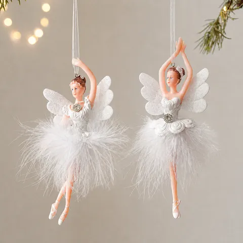 Elegant Christmas Ballet Girl Angel Hanging Ornament White Feather Wings Plastic Dancing Girl Pendant Xmas Tree Decor