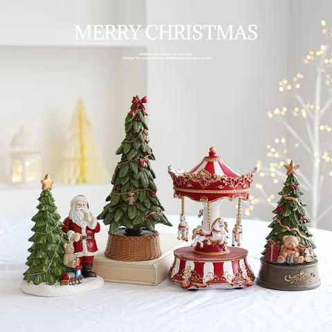 Caja de Música de Navidad de Resina Adorno Papá Noel Árbol de Navidad Carrusel Decoración Musical Regalo Festivo para el Hogar