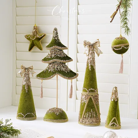 Moss Green Velvet Christmas Tree Ornaments Glitter Bow Foam Tapered Desktop Hanging Holiday Party Decoration For Home